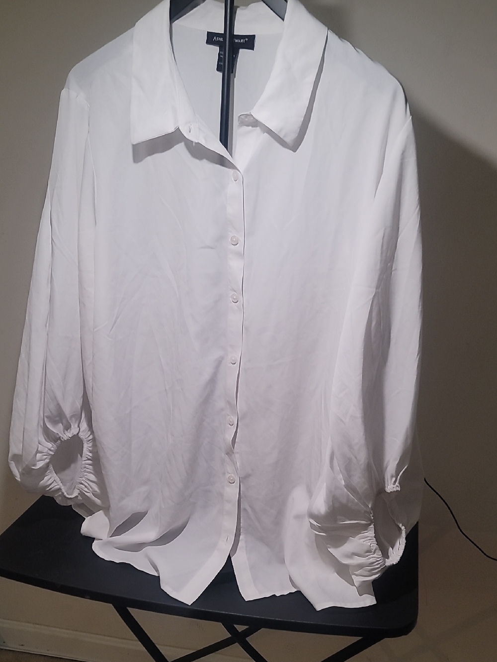 Ashley Stewart White Button-Front Blouse with Ruched Cuffs